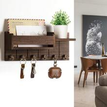 Soporte de pared para llaves: ganchos para llaves para decoración de pared de la sala de estar: perchero de llaves de madera y organizador de correo con estante para esenciales del hogar: decoración de entrada moderna estética para el hogar - 6 ganchos - Ver 5