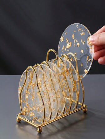 5 件圆形耐热亚克力杯垫，带金箔，桌面保护家居装饰（无杯垫架）