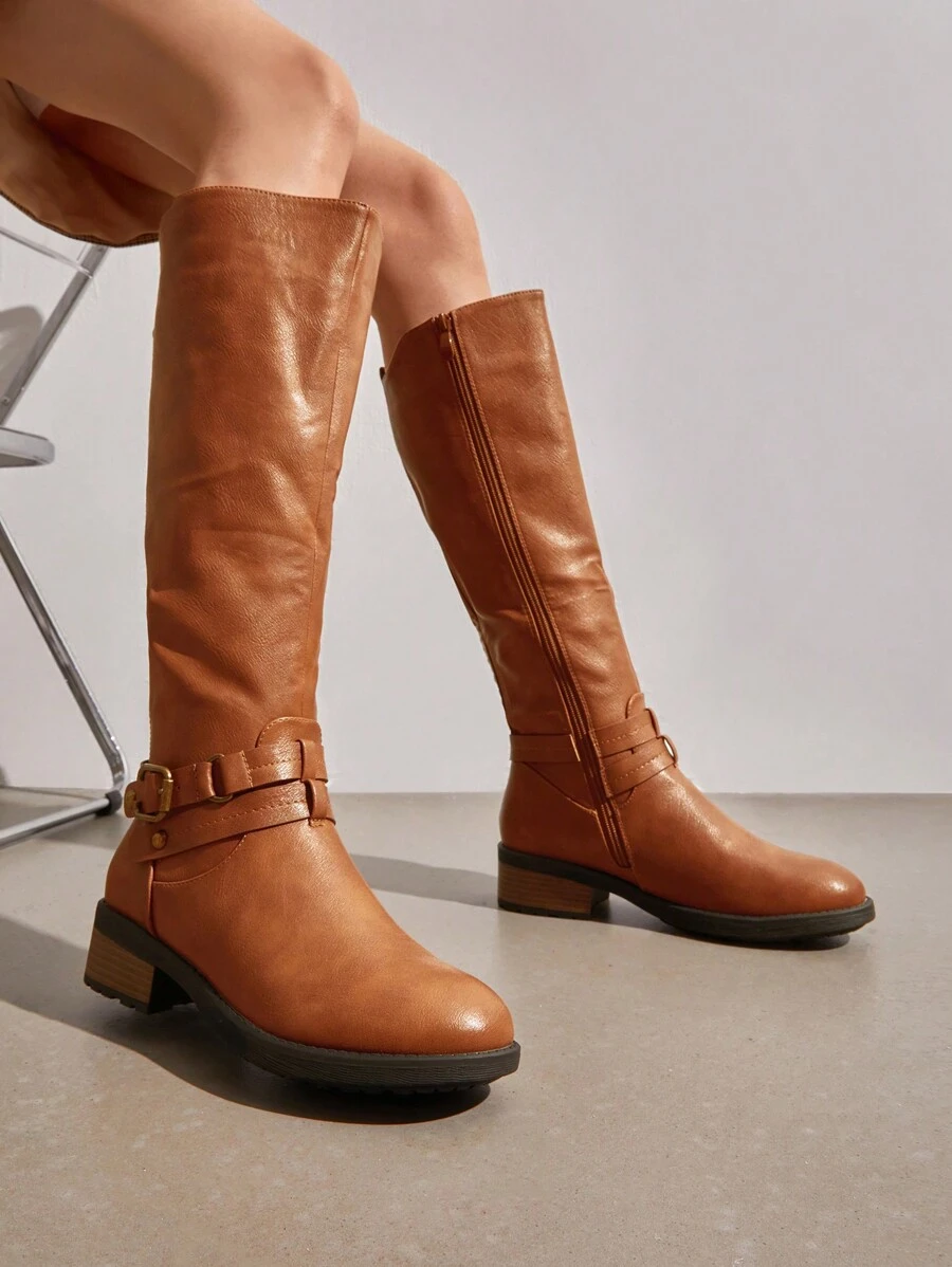 Women'S Black Knee High Motorcycle Riding Winter Boots - 駝色 - 查看 1