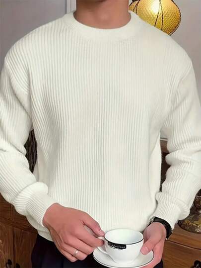 Men's Solid Color Crew Neck Long Sleeve Casual Pullover Sweater, Versatile For Daily Wear, Autumn/Winter , Fall