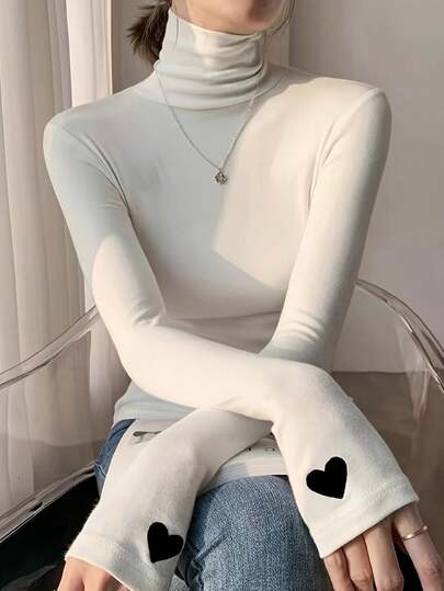 Women Spring/Summer Long Sleeve Heart Pattern Slim Fit Turtleneck Top