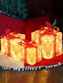 Set Of 3 Christmas 60 LED Lighted Gift Boxes, Transparent Warm White Lighted Christmas Box Decor, Presents Boxes With Red Bows For Christmas Tree, Yard, Home, Christmas Decorations