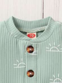 2pcs Infant Boys' Summer Ribbed Print Short Sleeve Bodysuit Set, Comfy & Stylish - Green - View 3