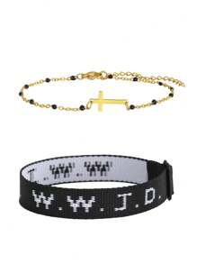 2入組極簡不銹鋼十字手鐲和WWJD字母 What Would Jesus Do基督教首飾編織織帶手鐲套裝女款派對首飾 - 彩色 - 查看 6