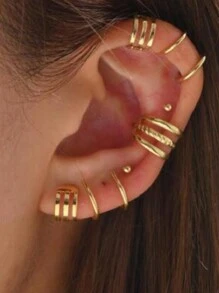 7 件/套简约多层耳夹和耳钉，女士时尚珠宝套装 - 金色 - 查看 1