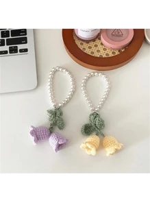 1pc Handmade White/Pink Woven Flower Backpack/Bookbag/Purse Pendant, Faux Pearl Decorated Bracelet / Keychain / Keyring, Crochet Flower Trinket In Summer Keychain Charms Lanyard For Keys Keychain Wristlet Gifts For Women Valentines