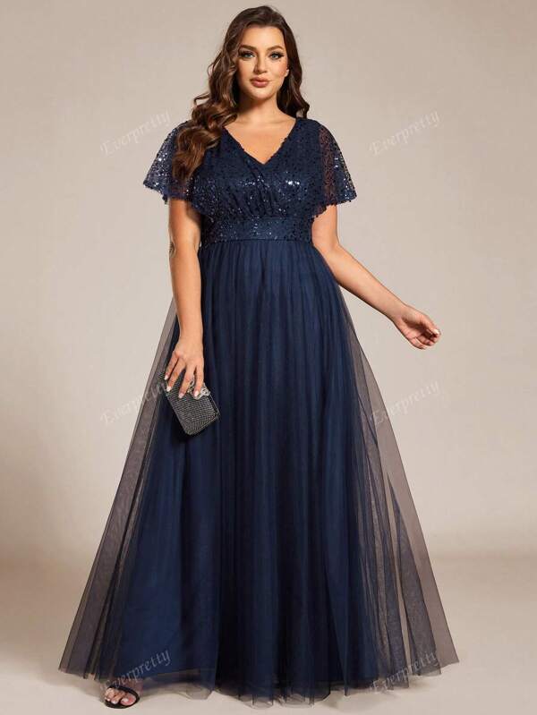 EVERPRETTY Plus Size Sequins Patchwork Flounce Sleeve Mesh Formal Dress, Elegant Prom Evening Dress, For Wedding Guest, Graduation, Dinner Party Dress,Gown