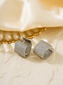 1 对时尚个性化铜镶嵌方晶锆石环形耳环，优雅百搭女士耳环 - 銀色 - 查看 5