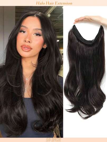 Invisible Wire Hair Extensions 18Inch Body Wavy Halo Hair Extensions With Adjustable 2 Clips Soft Transparent Lace Natural Long Wavy Hair Extensions For Women-Dark Brown