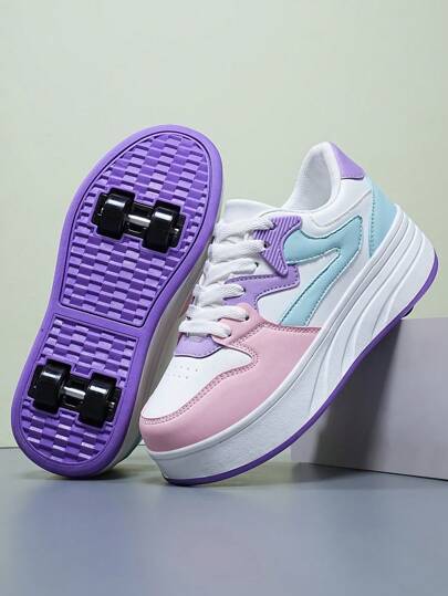 1 Pair New Kids Shoes, Transformable Detachable 4-Wheel Black & White Lace-Up Round Toe Low-Top Colorblock Children Roller Skate Shoes, Versatile For Indoor And Outdoor Wear, All Seasons