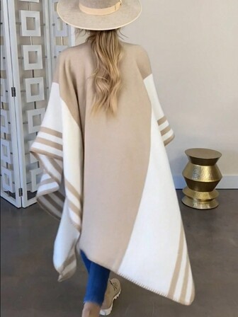 Beautiful Nomad 女士条纹拼布宽松开衫披肩，休闲秋冬日常穿着