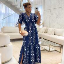 100% Cotton Tricoline Side Slit Open Sleeve Dress - 藍色 - 查看 3