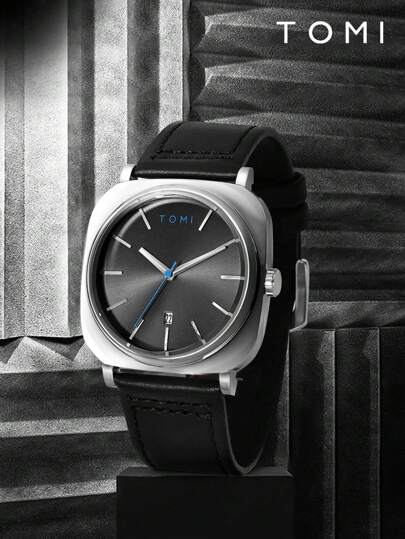 TOMI 1 件男士方形表盘日历真皮表带手表，适合日常生活、商务活动、节日、生日礼物、送给爱人、父亲的礼物、万圣节、返校季等场合。