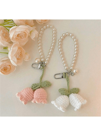 1 件手工白色/粉色编织花朵背包/书包/钱包吊坠，仿珍珠装饰手链/钥匙扣/钥匙圈，夏季钩针花朵饰品钥匙扣吊饰挂绳钥匙扣腕带女士礼物