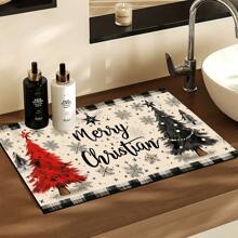 1 件圣诞印花咖啡吧垫、排水垫、硅胶咖啡机排水垫、软橡胶排水垫、防滑、超吸水且耐用的碗碟干燥垫，适用于台面、餐厅、厨房桌子、露台餐厅、家庭厨房装饰、圣诞桌面装饰