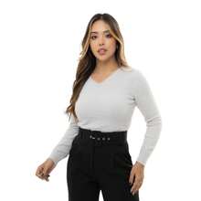 Women's V-Neck Fuzzy Knitted Sweater - 灰色 - 查看 1