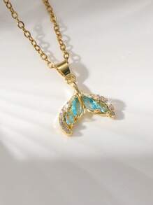 1pc Copper Cubic Zirconia Dopamine Lucky Clover Pendant Necklace, Fashionable Layering Collarbone Chain Jewelry For Women