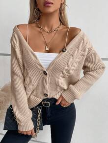 conciso Chaqueta tipo cardigan de mujer de unicolor con cierre sencillo, cuello en V y tejido de punto en estilo retro - Caqui - Ver 4