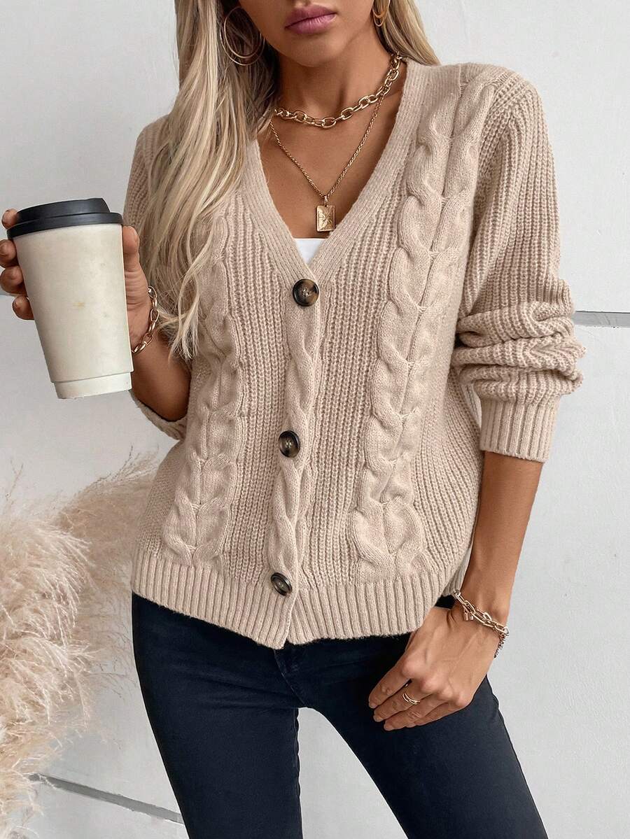 conciso Chaqueta tipo cardigan de mujer de unicolor con cierre sencillo, cuello en V y tejido de punto en estilo retro - Caqui - Ver 1