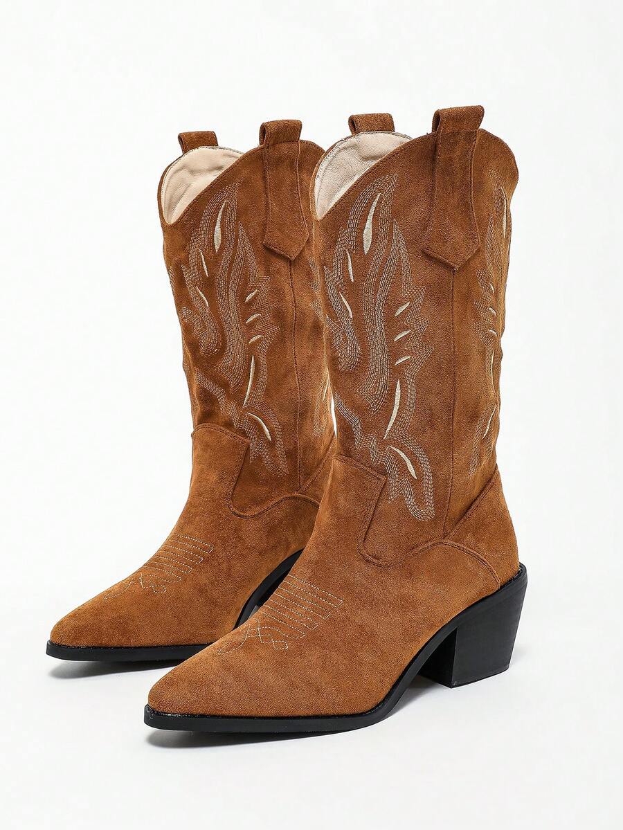 新款 V 形剪裁刺绣西部牛仔靴，复古中筒，棕色，尖头，粗跟，时尚高筒靴，适合秋季和春季 - 棕色 - 查看 1