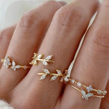 GARMEND 1set/4pcs Luxury Gold-Tone Rhinestone Butterfly Ring Set For Women