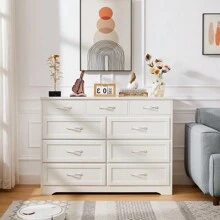 Bedroom Dresser, 9 Drawer Long Dresser With Antique Handles, Wood Chest Of Drawers For Kids Room, Living Room, Entry And Hallway, Black, 47.56''W X 15.75''D X 34.45''H. - 白色+刨花板 - 查看 2