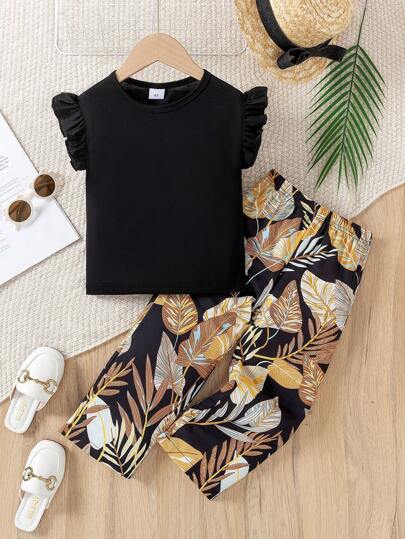 Young Girl's Summer Solid Color Flutter Sleeve Top And Tropical Plants Printed Pants Casual Outfit