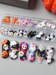 12件万圣节美甲装饰品，软陶雕刻图案，包括黑猫、骷髅、南瓜、蜘蛛、Y2K风格美甲饰品DIY美甲用品 - 彩色 - 查看 1