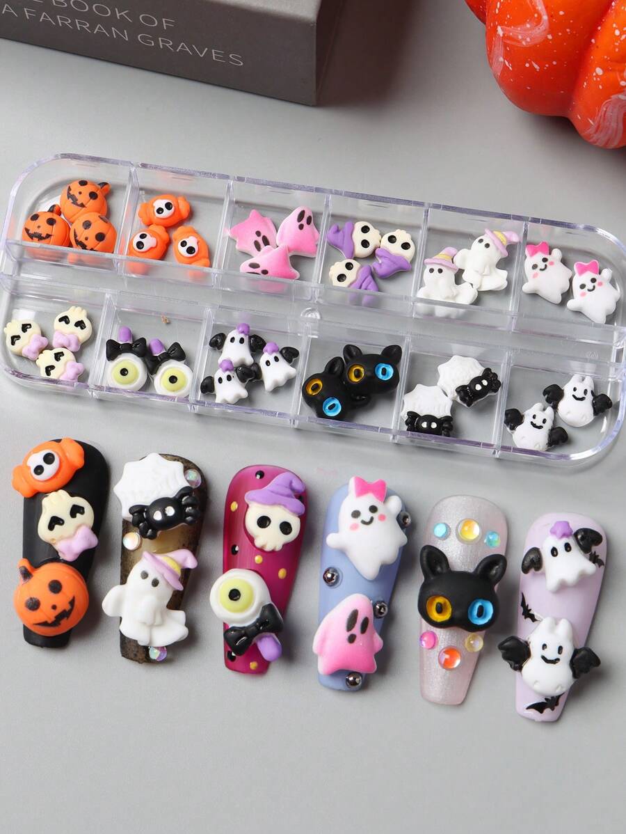 12件万圣节美甲装饰品，软陶雕刻图案，包括黑猫、骷髅、南瓜、蜘蛛、Y2K风格美甲饰品DIY美甲用品 - 彩色 - 查看 1