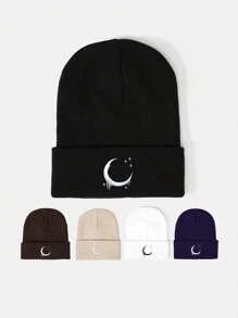 1 件刺绣月亮图案针织帽，春秋季旅行海滩休闲防晒帽，Y2K 风格青年冬季秋季帽子