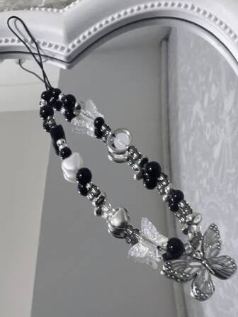 1 件哥特式黑蝴蝶吊坠手链，可爱陶瓷哑光黑色夏季风格年轻女孩简约手机链、钥匙扣、耳机带礼物送给母亲、家人、朋友、生日、节日手机饰品