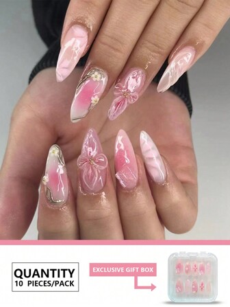 10Pcs Unique Nail Art Short Almond False Nails, French Tips Solid Color, 3D Floral, Butterfly & Rhinestone Decorated Artificial Nails, Reusable Nail Tips For Women, Girls, Actresses, Parties Press On Nails Nail Supplies Nails