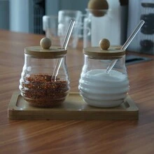 1set Glass Spice Jars With Bamboo Tray And Mini Spoon, High Borosilicate Material Kitchen Storage Canisters - Clear - View 4
