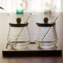 1set Glass Spice Jars With Bamboo Tray And Mini Spoon, High Borosilicate Material Kitchen Storage Canisters - Clear - View 2