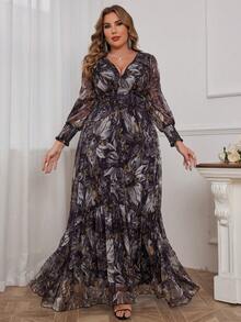 Đầm dài tay đèn lồng cổ chữ V in hoa thanh lịch cỡ lớn cho nữ - màu đen - Xem 6