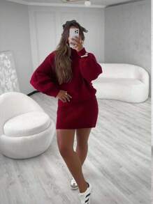 Long Sleeve Knitted Set With Short Skirt - Redwood - View 1