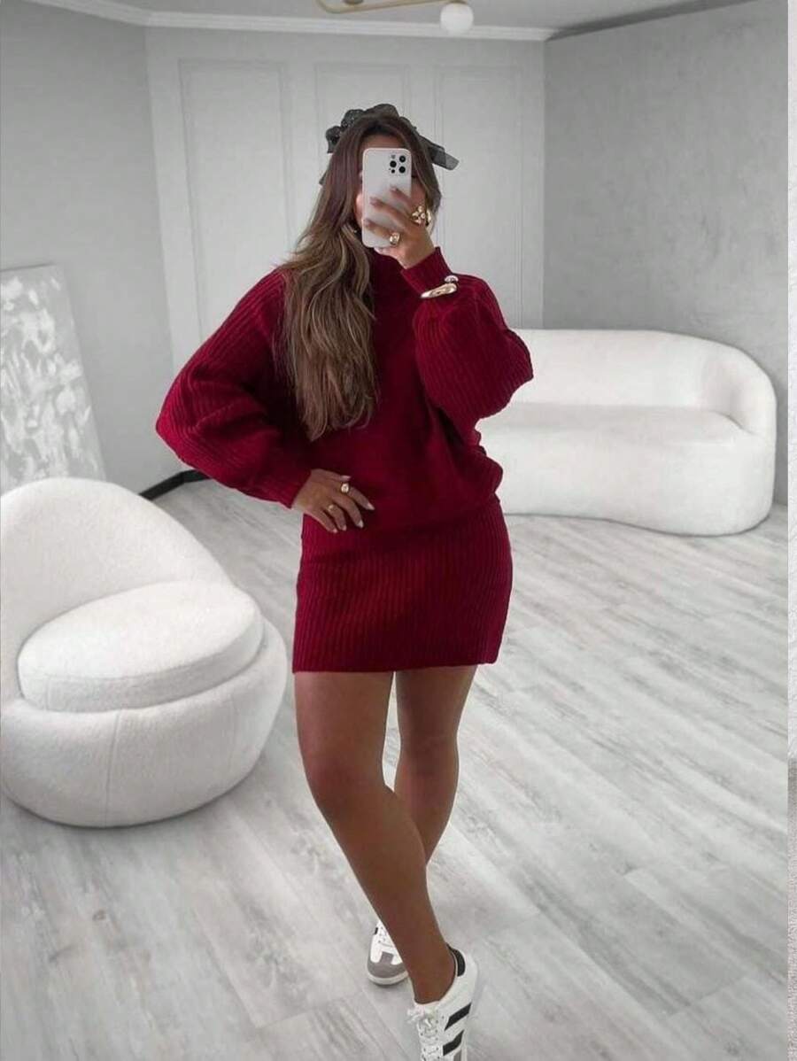 Long Sleeve Knitted Set With Short Skirt - Redwood - View 1