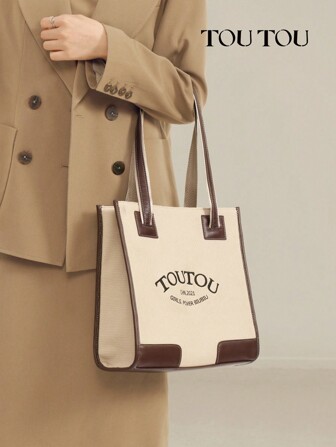 TOUTOU 原创设计师轻便商务休闲优雅大容量手提包和托特包海滩必备品，时尚 PU 皮革奶油白色钱包和水桶包，极简主义复古拼布刺绣字母装饰单肩包和腋下包，便携式固定带斜挎包