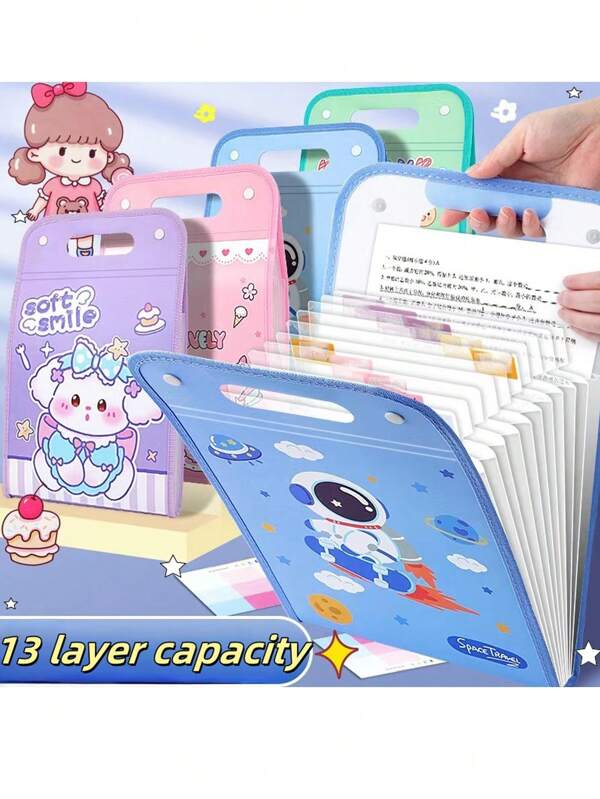 Cartella espandibile a 13 scomparti con maniglia a cartone animato, organizzatore di documenti a fisarmonica, con vari scomparti, ideale per conservare fogli di compiti, libri di testo e forniture scolastiche, perfetto per il ritorno a scuola