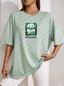Oversized Women's Casual Off Shoulder 100% Cotton T-Shirt With Green Lively Face Print - màu xanh lá - Xem 1