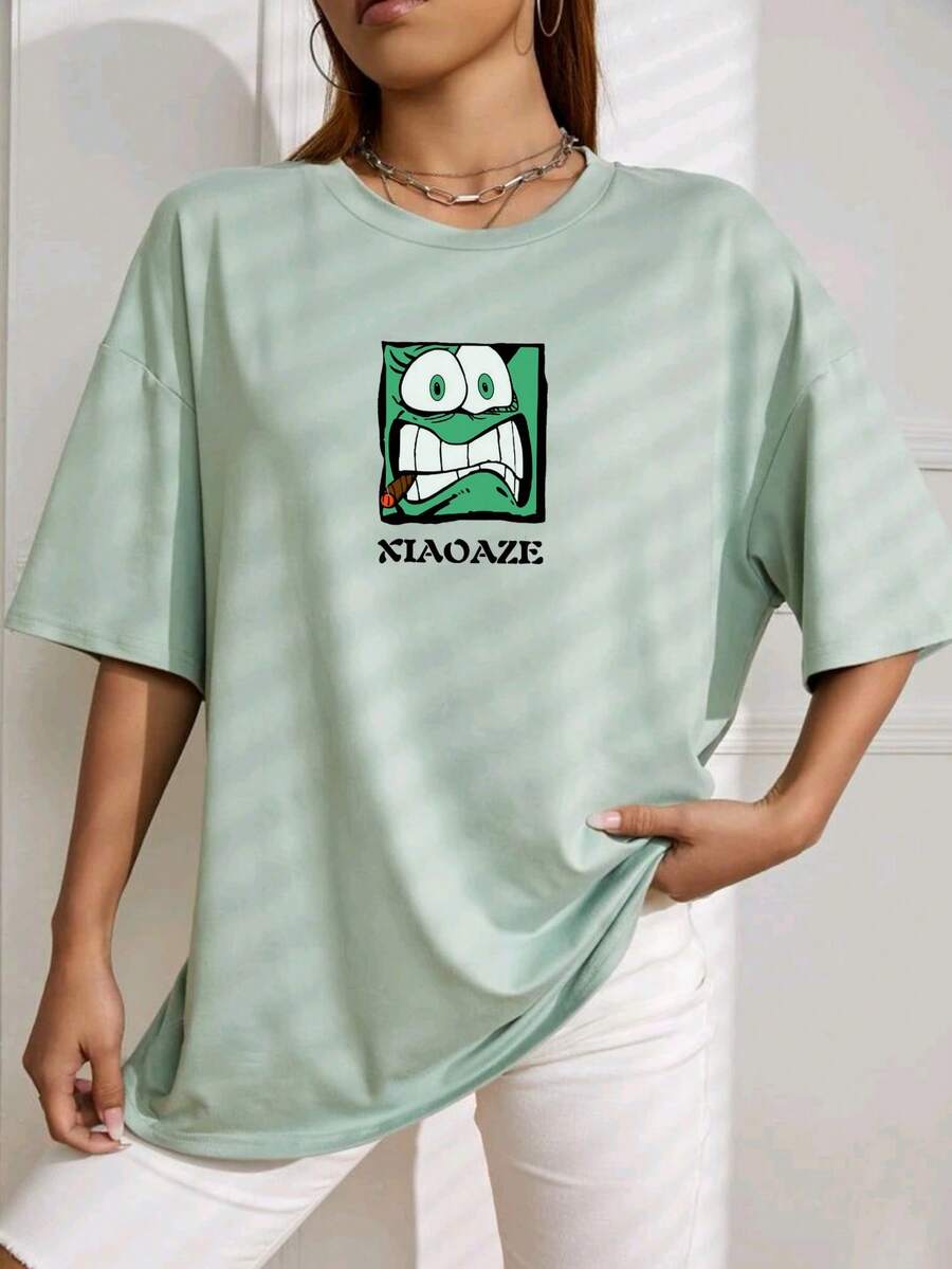Oversized Women's Casual Off Shoulder 100% Cotton T-Shirt With Green Lively Face Print - màu xanh lá - Xem 1
