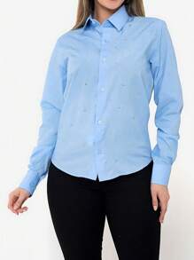Premium Women's Linen Dress Shirt With Rhinestones - 淺藍色 - 查看 3
