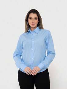 Premium Women's Linen Dress Shirt With Rhinestones - 淺藍色 - 查看 5