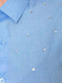 Premium Women's Linen Dress Shirt With Rhinestones - 淺藍色 - 查看 2
