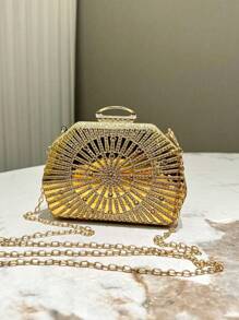 1pc Gold Luxury Glitz Rhinestone Decor Mini Clutch Bag, Chic Metal Chain Shoulder Strap Evening Bag, Elegant Handbag Suitable For Formal Events, Party, Wedding, Gift For Women