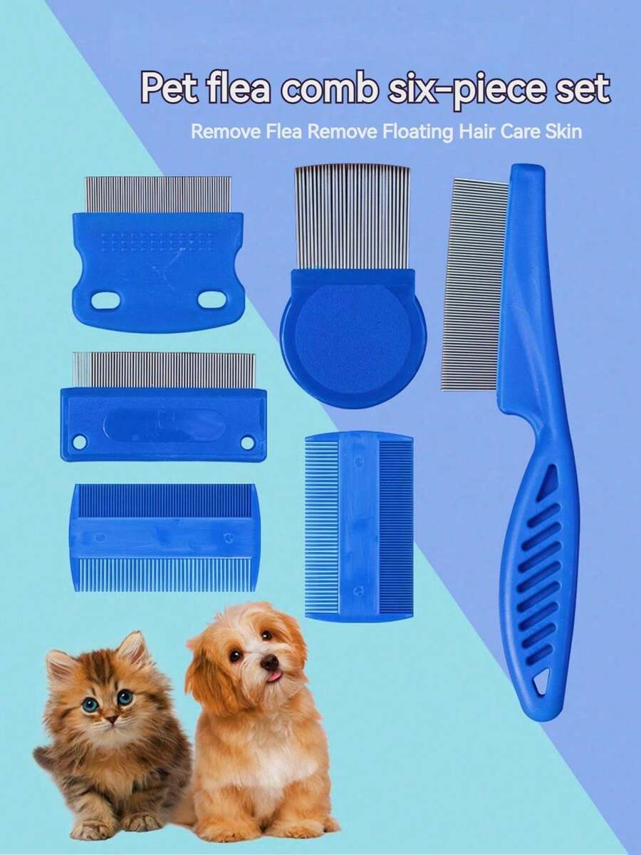 Bộ 6 chiếc/bộ Lược chải lông cho chó mèo, loại bỏ lông rụng, lược chải răng dày, lược chải lông thép diệt bọ chét - Nhiều màu - Xem 1