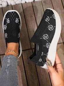 Plus Size Women's Casual New Knitted Slip-On Comfortable Printed Design Elastic Band Casual Sports Shoes