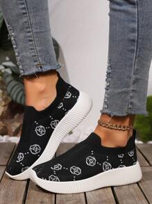 Plus Size Women's Casual New Knitted Slip-On Comfortable Printed Design Elastic Band Casual Sports Shoes