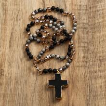 1pc Springtime Fashion Bohemia Style Natural Stone & Glass Beads Knotted Necklace With Cross Pendant, For Sweater Chain