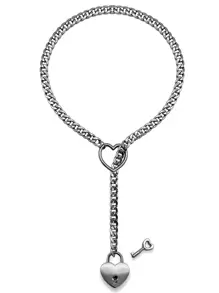 1pc Minimalist Stainless Steel Y-Shape Sliding Chain Heart Lock & Key Necklace, Suitable For Women Daily Wear Valentines,Mom,Mother,Mother's Day,Gift